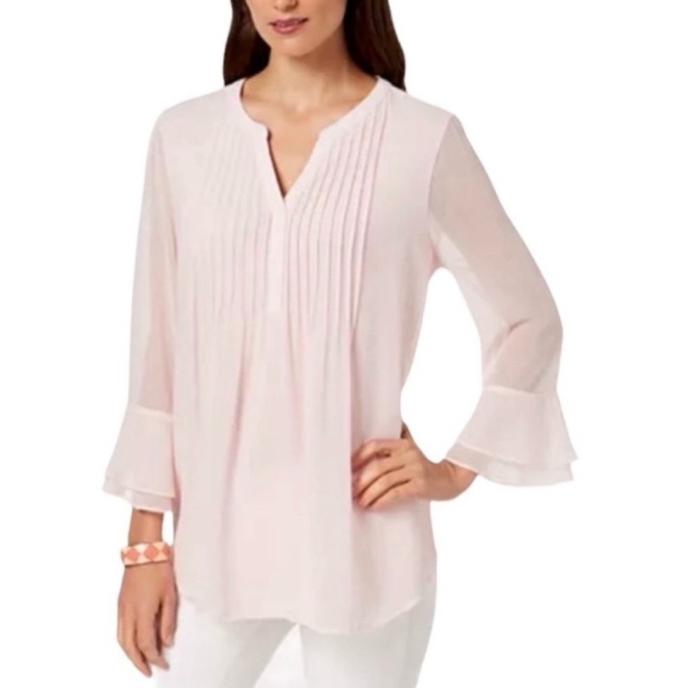 NWT Charter Club light pink bell sleeves pleated front boho blouse, size XL